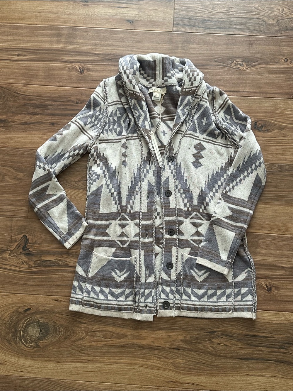 lovestitch Neutral Aztec Shawl-Collar Button Cardigan